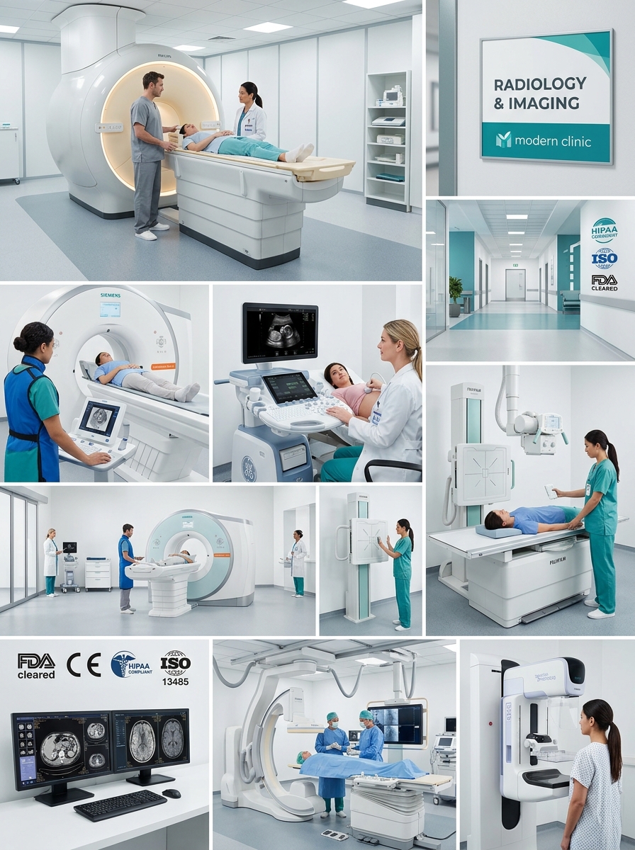 Medical diagnostic equipment collage showing MRI, ultrasound and X-ray machines